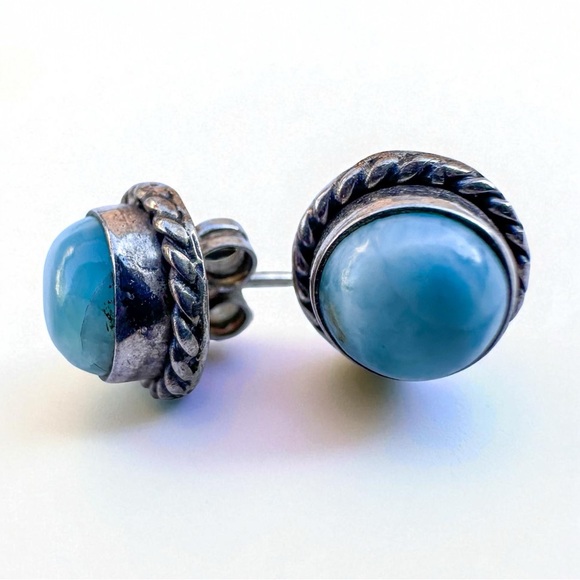 Sterling Silver Small Round Larimar Vintage Artisan Stud Earrings - Picture 3 of 5